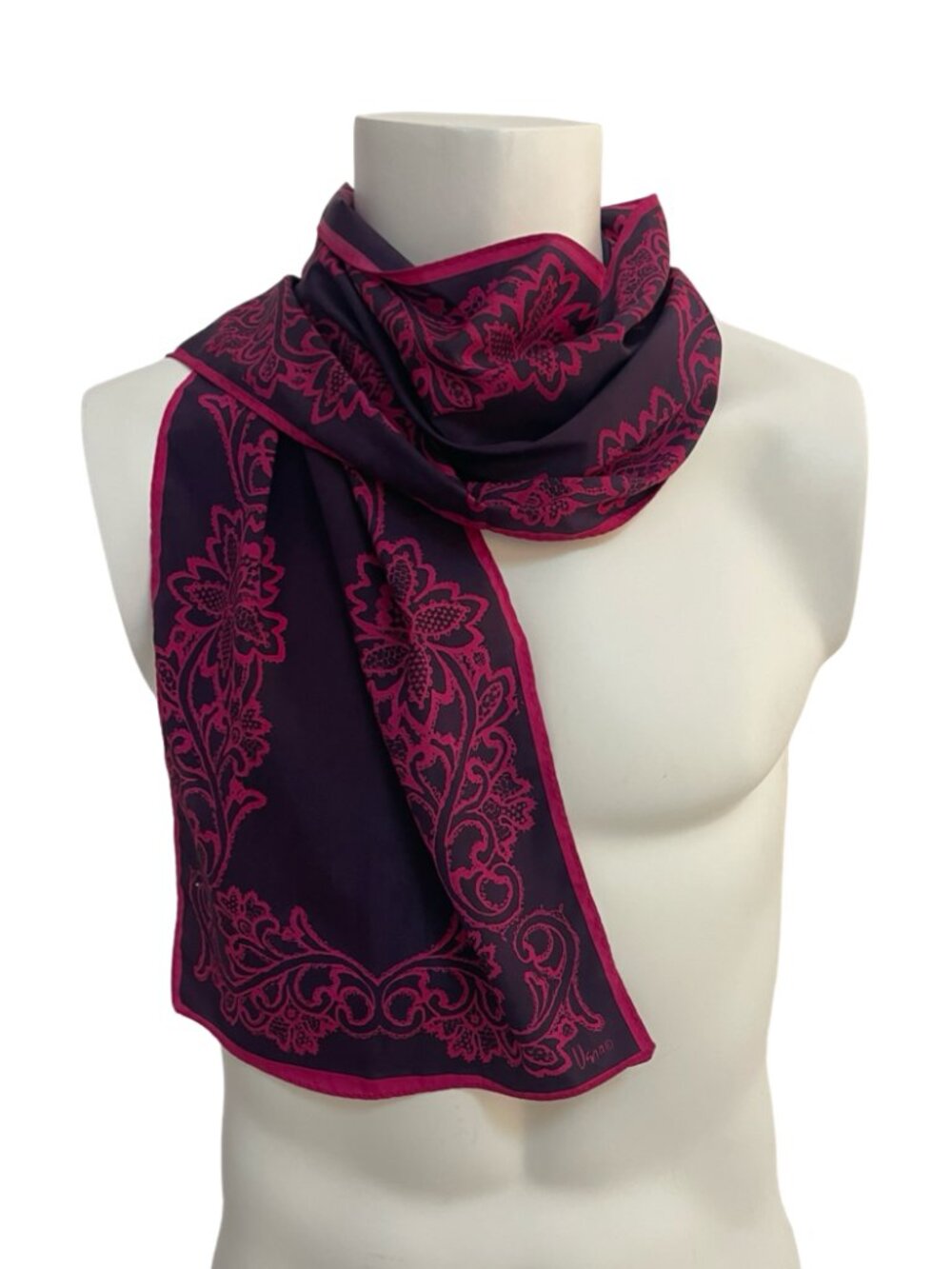 Vera Dark Purple & Deep Pink Floral Silk Scarf 10 x 46 Elegant Sheer Patterned